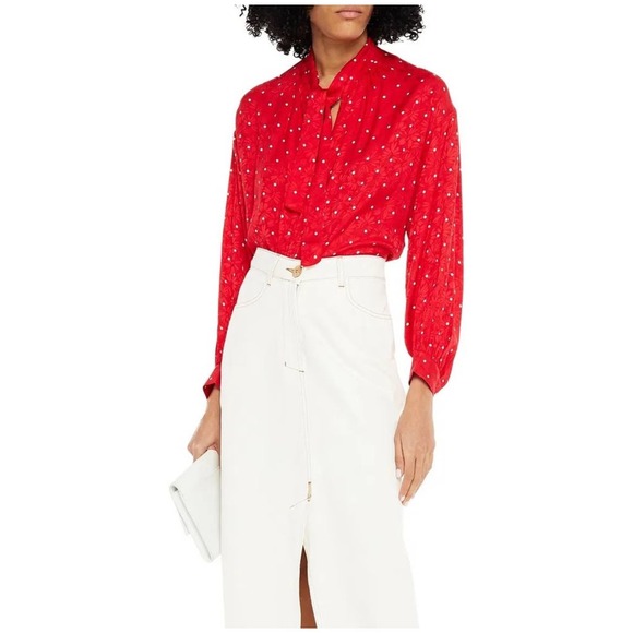 $295 NWOT Maje Lipia Tie-neck Polka Dot Jacquard Blouse In Red Size‎ 2 - Picture 1 of 6